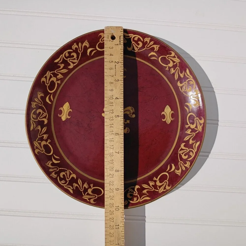 Pair of Andrea by Sadek Decorative Plates Fleur-de-Lis Maroon Green Gold Regal - Picture 13 of 16